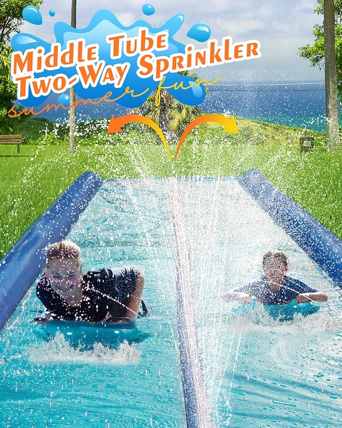 Slip and Water Slide for Kids and Adults Backyard,2 Lanes Extra Long Inflatable Slip and Water Slide with Sprinkler and Bodyboards,Heavy Duty Summer Outdoor Water Toy,Blue Shark Theme