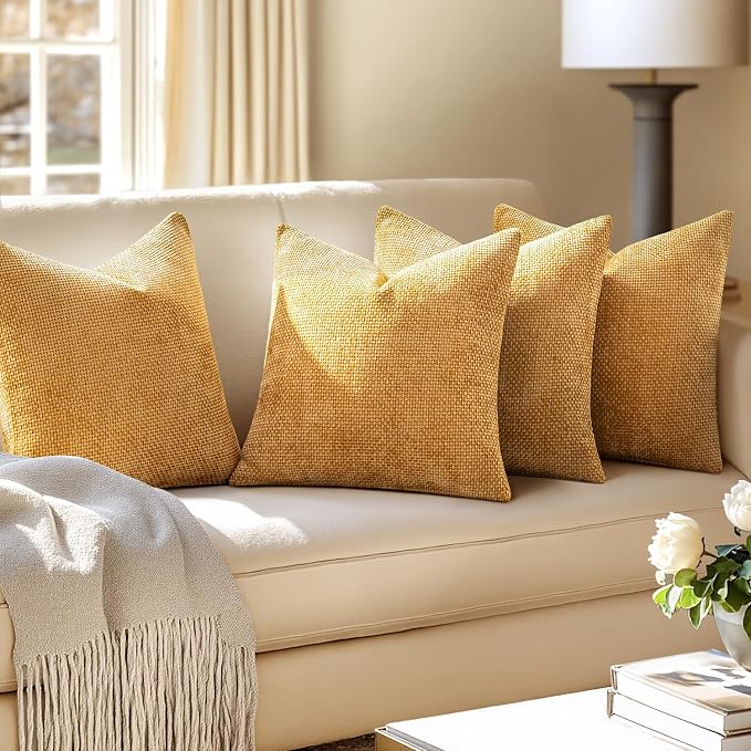 MIULEE Soft Decorative Chenille Pillow Covers Gold 20x20 Pack of 4 | Modern Home Decor, All Same Gold Color Set, Couch Throw Pillows, Farmhouse Boho Cushion Covers for Sofa Bed Living Room