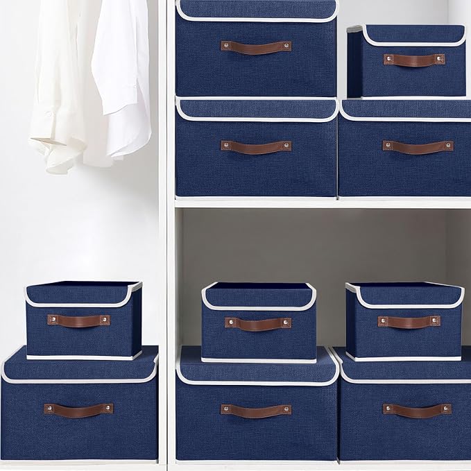 ANMINY Fabric Storage Box Bins with Lids, Blue, 13"x9"x7.9", 2 Pack | Keepsake Memory Storage, Cotton Linen, PP Board Reinforced, Washable, PU Handles, Foldable & Stackable, Decorative, Medium