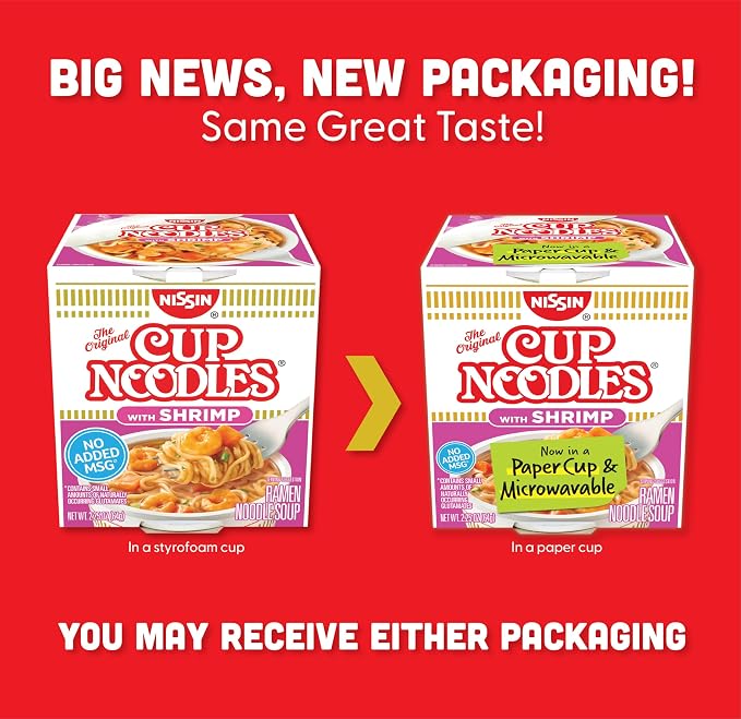 Nissin Cup Noodles Soup, Shrimp Flavor, Microwaveable Paper Cups, Instant Ramen, 2.25 Ounce (Pack of 12) | Instant Ramen Noodle Soup, Microwaveable Paper Cups