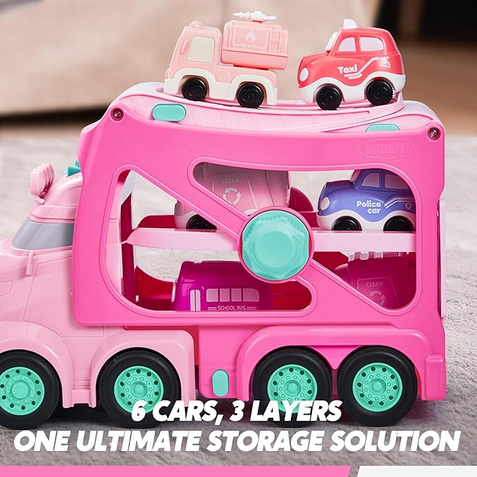 Vroomix Extra Large Toy Trucks for Toddlers, 3-Layer Princess Pink Trucks for Girls, 7-in-1 Big Carrier Truck with Siren & Lights and 6 Toy Cars, Christmas Birthday Gifts for Girls