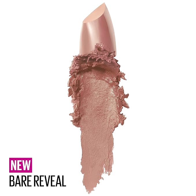 Maybelline Color Sensational Lipstick, Lip Makeup, Cream Finish, Hydrating Lipstick, Nude, Pink, Red, Plum Lip Color, Bare Reveal, 0.15 oz; (Packaging May Vary)