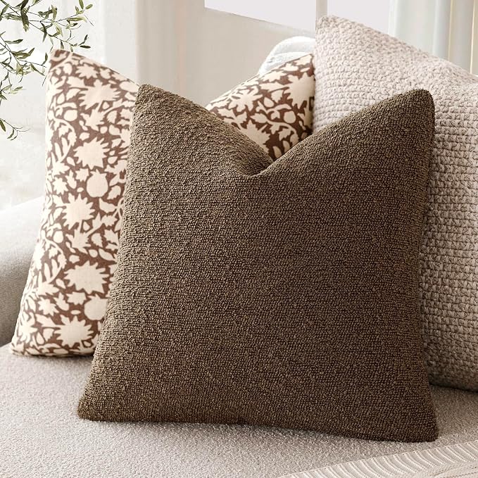 Foindtower Pack of 2, Decorative Textured Boucle Throw Pillow Covers Accent Solid Pillow Cases Cozy Soft Couch Cushion Case for Chair Sofa Bedroom Living Room Home Decor 22x22 Inch Chocolate