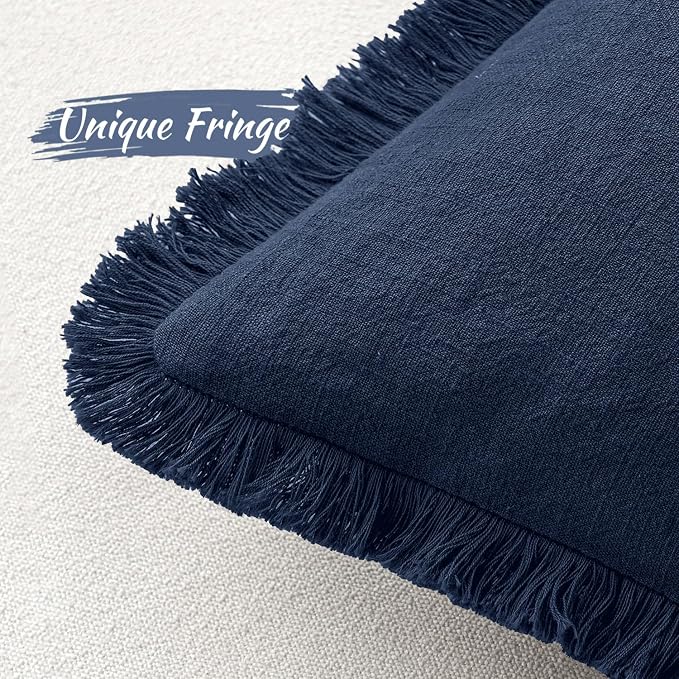 MIULEE Linen Fringe Decorative Euro Throw Pillow Covers Dark Navy 22x22 | Set of 2, Cottagecore Decor, Boho Farmhouse Coastal Pillow Covers, Rustic Couch Cushion Cases for Sofa Bed Living Room