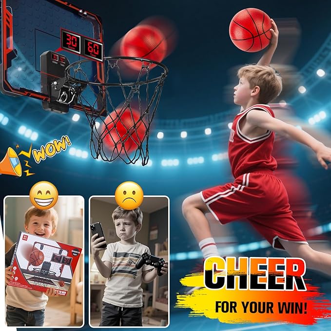 Basketball Hoop Indoor for Kids(4-12 Years Old), Over The Door Basketball Hoop with Scoring, Countdown and Music Accompaniment, Christmas Toys