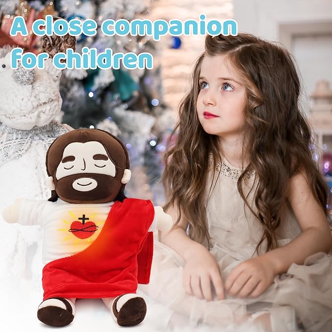 Officially Jesus Plush Breathing Soothing Stuffed Animal Heart of Jesus Toy Savior Doll for Church Sunday School Religious Easter Gift for Kids (Red)