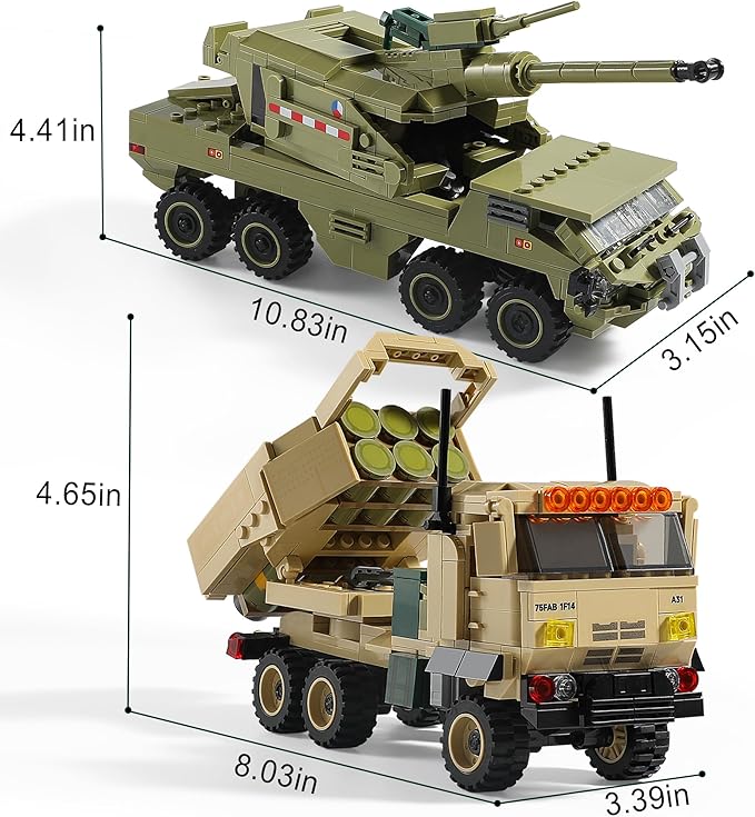 Military Vehicles Building Sets Compatible with Lego, Includes 2 Army Armored Trucks Toy Models - HIMARS Rocket Launcher & Dana M2 Howitzer, STEM Army Toys for Boys, Kids, and Teens Ages 8-14