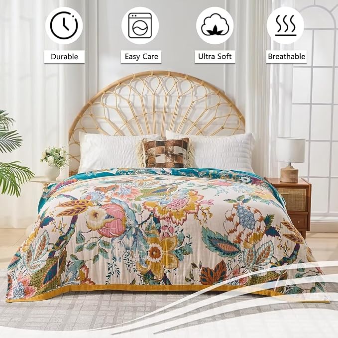 Boho Throw Blanket Farmhouse Decor Throw Blanket Bohemian Blanket for Bed 100% Cotton Muslin Woven Couch Blanket All Seasons Quilt Bedroom (C-Beige, 90"x98")