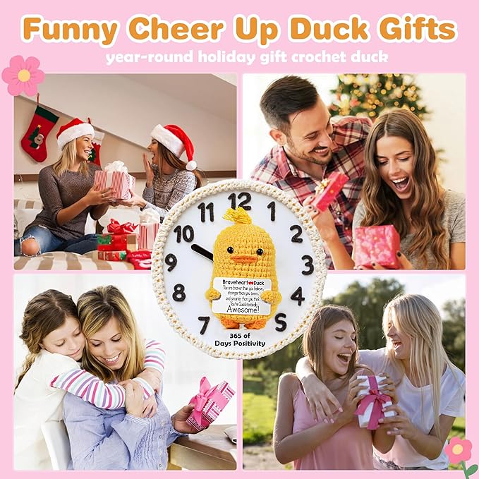 RoomyRoc Inspirational Crochet Duck, Positive Affirmation Duck Toy for Anxiety & Stress Relief, Handmade Mental Health Gifts for Women Men, Cute Home Office Desk Decor for Adults Teens