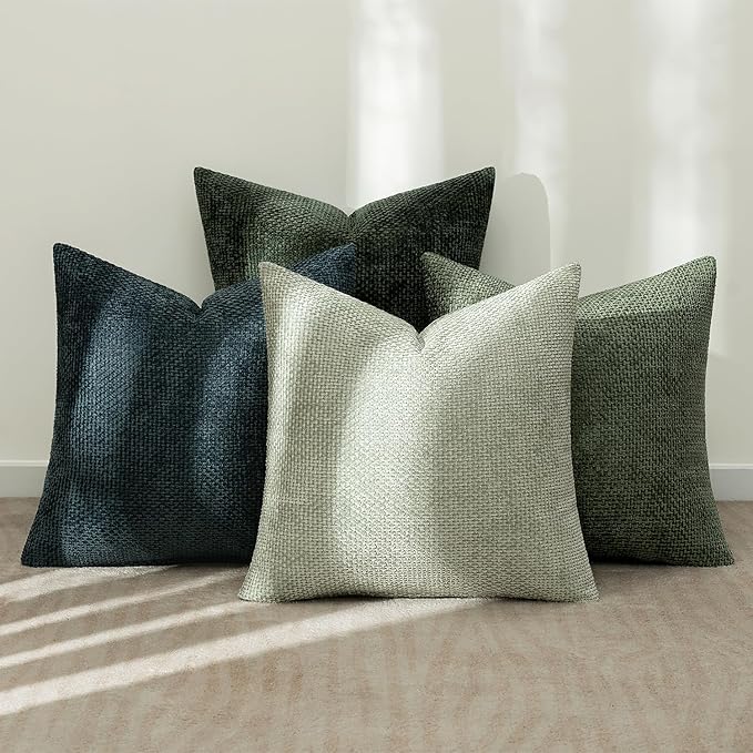 MIULEE Soft Decorative Chenille Pillow Covers Green Navy 18x18 Pack of 4 | Nordic Home Decor, Moody Green–Navy Set, Couch Throw Pillows, Farmhouse Boho Cushion Covers for Sofa Bed Living Room