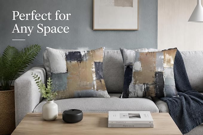 Brown Grey Abstract Throw Pillow Covers 16x16 Set of 4 | Brown, Grey & Taupe Modern‑Art Cushion Cases, neutral aesthetic pillowcases for sofa, bedroom & chair
