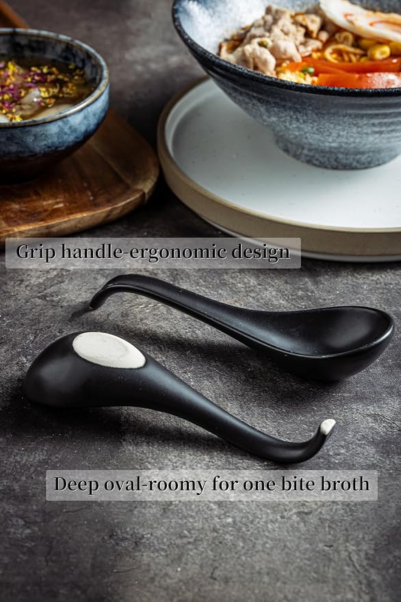LYEOBOH Soup Spoons, Ceramic Ramen Spoon Set of 6-6.5inch Japanese Spoons | Chinese Spoons with Deep Hook Non-slip, Stackable Korean Spoons Deep for Pho Pasta Cereal, Dishwasher & Microwave Safe, Black