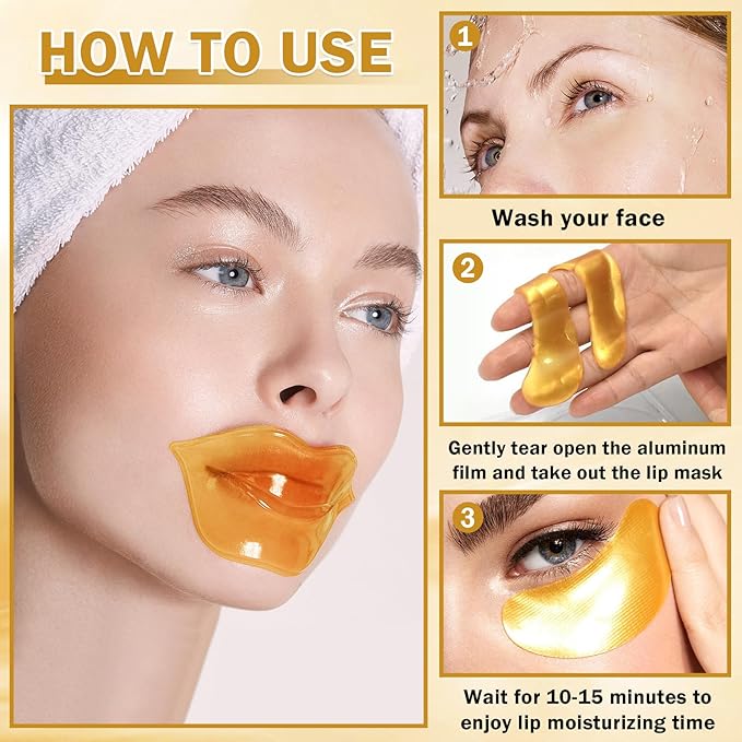 CAHIUYOA 30PCS Lip Mask & Eye Mask 24k Gold Under Eye Patches for Puffy Eyes and Dark Circles Effectively Moisturizing the Lip and Eye Skin Reducing Fine Lines