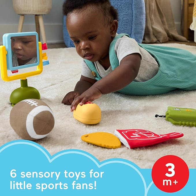 Fisher-Price Baby Toys Mini Me Moments Tiny Tailgater Set, 6 Sports-Themed Sensory Activities for Newborns Ages 3+ Months