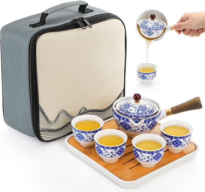 Peohud Chinese Gongfu Tea Set, Portable Porcelain Teapot Set with 360 Rotation Tea maker and Infuser, Teacups, Tea Tray, All in One Bag for Travel, Office, Outdoor, Gift