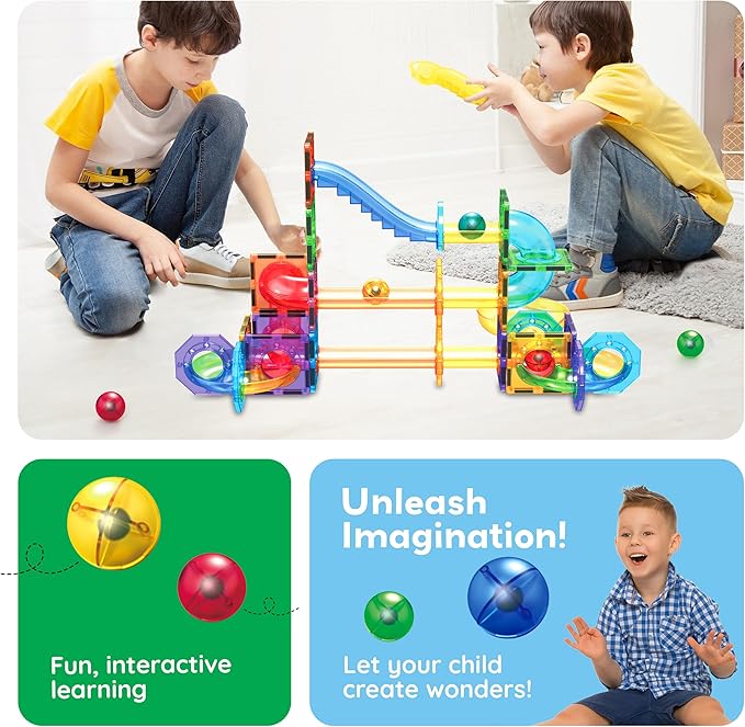 PicassoTiles Magnetic Marble Run Add-On Expansion Pack for Magnet Tile Building Blocks Maze Construction Toy Kit Educational STEM Learning Enhances Creativity Imagination Children Ages 3+ PTG01