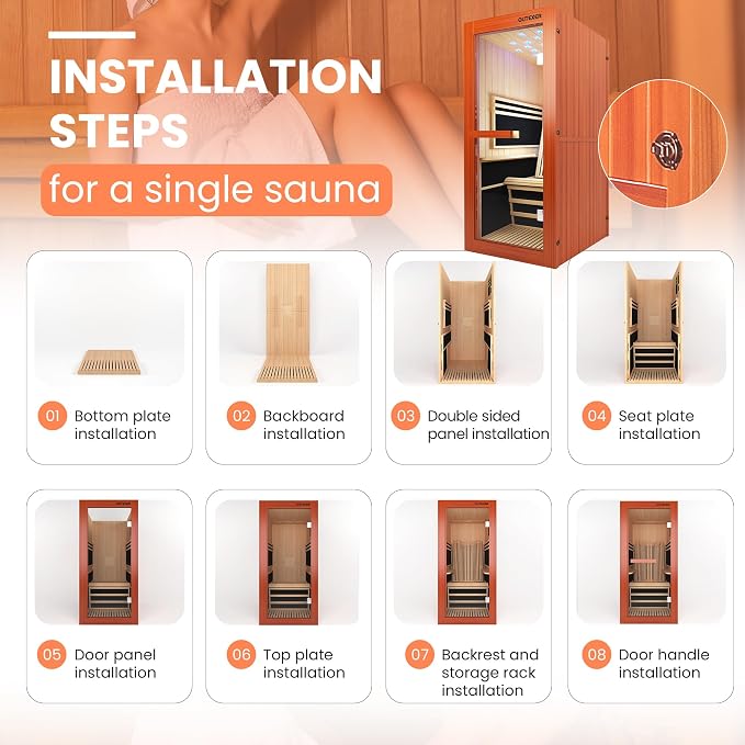OUTEXER Infrared Sauna 1495W Wooden Saunas Spa Room Pacific Clear Cedar Wood Single Person Indoor Saunas with Special Shaped Comfortable Backrest 32.68 * 47.24 * 69.29 Inch