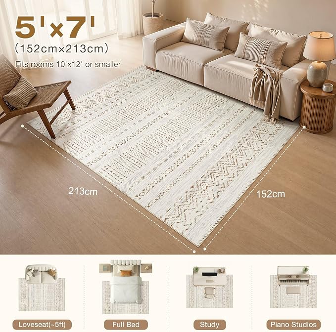cotiled 5x7 Area Rugs Living Room Rug: Washable Boho Rugs with Non Slip Backing Large Soft Indoor Stain Resistant Carpet for Bedroom Farmhouse Dining Room Lightweight Home Decor Brown/Cream