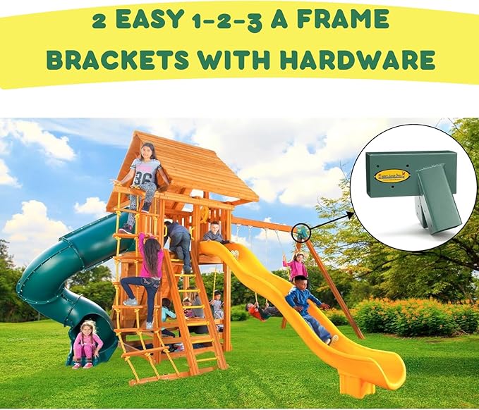Eastern Jungle Gym DIY Swing Set Hardware Kit with Easy 1-2-3 A-Frame Brackets, Swing Seats, Ring Trapeze Bar and All Assembly Hardware and Instructions - Wood Not Included