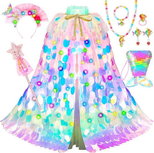 Princess Dress Up Toys Princess Dress Up Clothes Rainbow Mermaid Cape Kit 9 Pcs Gift Set for Little Girls 3-8 Years