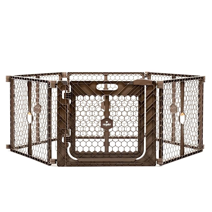 Regalo Safety 192” Super Wide 2-in-1 Baby Gate & Play Yard with Door, Adjustable 6-Panel Plastic Safety Gate for Doorways & Large Openings, Hardware Mounted Baby & Pet Gate, Brown