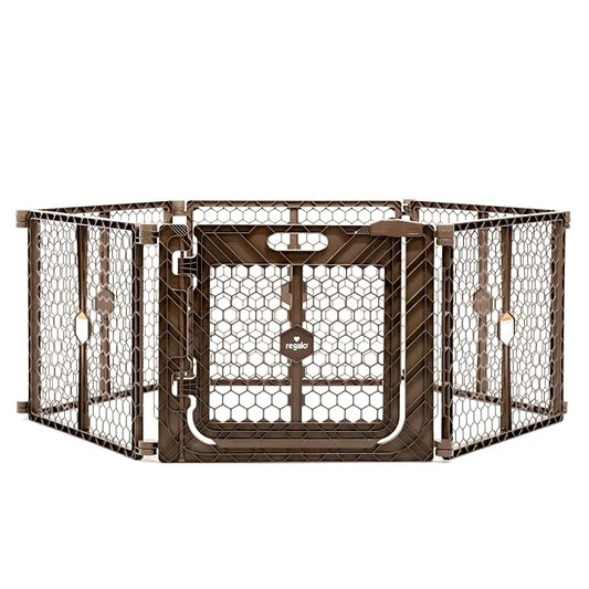 Regalo Safety 192” Super Wide 2-in-1 Baby Gate & Play Yard with Door, Adjustable 6-Panel Plastic Safety Gate for Doorways & Large Openings, Hardware Mounted Baby & Pet Gate, Brown
