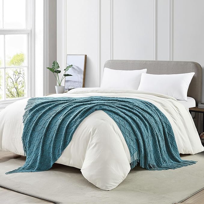 BOURINA Teal Throw Blanket 50 x70 Inch Jacquard Throw Knitted Blanket | Jacquard Argyle Throw Textured Solid Soft Throws and Blankets for Sofa or Bed Knitted Decorative Blanket