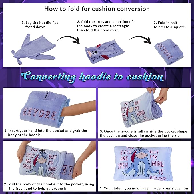 Disney Blanket Hoodie for Kids, 2-in-1 Folds into Travel Cushion, Stitch Baby Yoda Maleficent Eeyore, Gifts for Girls Boys