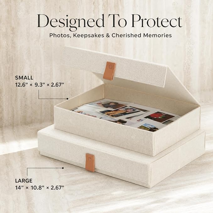 Decorative Photo Storage Boxes with Lids - Set of 2 Beautiful Linen Organizers Are Perfect to Safely Store Your Pictures, Documents, Scrapbooking Supplies, Keepsakes and Other Memories in Style