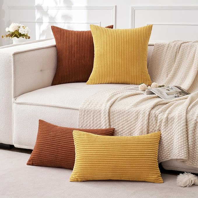 MIULEE Fall Decorative Corduroy Throw Pillow Covers Set of 2 20x20 Gold | Soft Striped Textured Cushion Cases, Boho Rustic Square Pillowcases Neutral Home Decor, for Couch Chair Sofa Bed Living Room