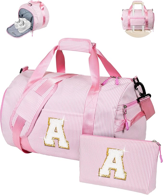 Valentines Gifts for 4 5 6 7 8 9 10 11 12 Years Old Girl, Girls Travel Duffle Bag, Kids Overnight Bags with Shoe Compartment, Weekender Bag with Makeup Pouch, Birthday Gift (Letter A)