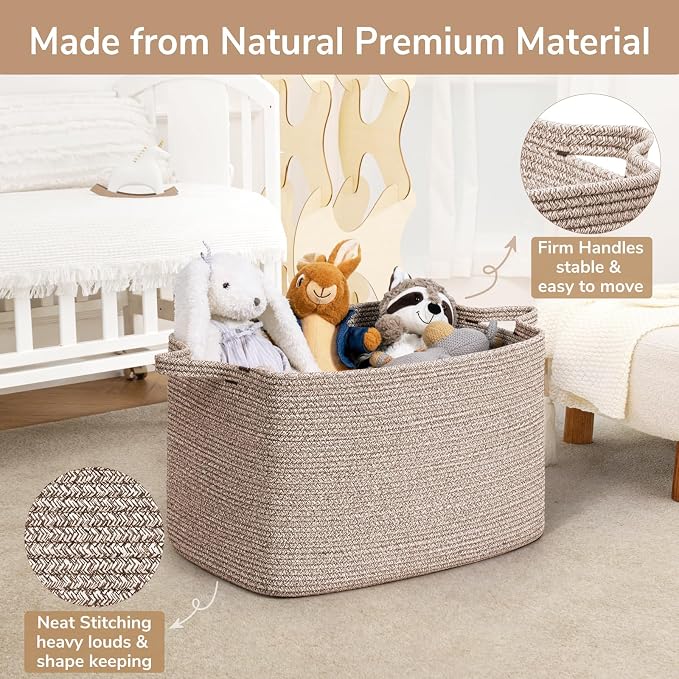 Goodpick 85L Large Woven Rope Blanket Basket, Rectangle, Brown | 23.6'' x 15.7'' x 13.8'' Storage Basket for Blankets, Toys & Clothes, Living Room & Bedroom Organization, Reinforced Handles