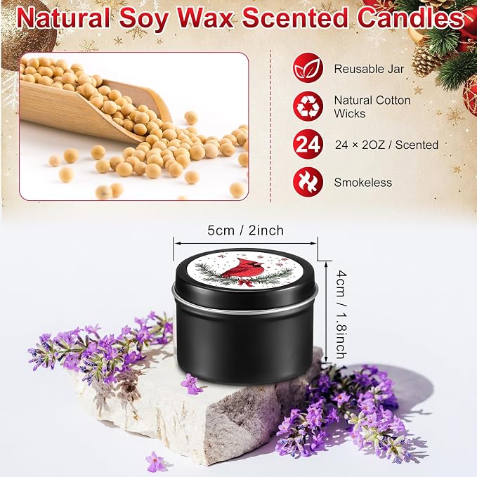 Nuanchu 24 Pack Christmas Scented Candles Gift Set Red Cardinal Candle for Her Him 2oz Natural Soy Wax Jar Long Lasting Aromatherapy Bulk Favors Set for Christmas Party Home Decor