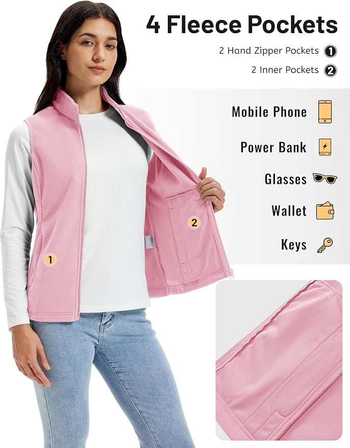TACVASEN Women's Fleece Vest Lightweight Sleeveless Zip Jacket Outerwear | Soft Polar,Zipper Pockets,Stand Collar,Fall Winter Warm,Outdoor,Athletic,Running,Hiking,Travelling,Golf,Work