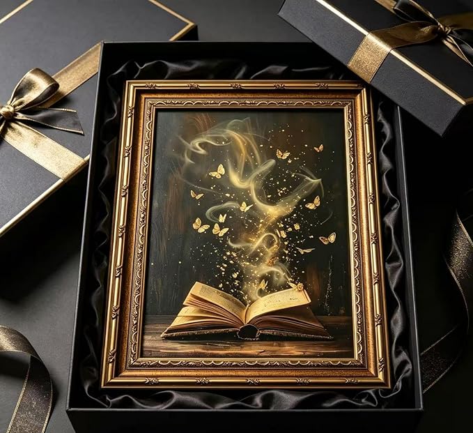 Vintage Gold Framed Victorian Bookish Wall Art Dark Academia Library Fantasy Mystical Canvas Print Reading Nook Butterfly Aesthetic Picture Wall Decor Gothic Bookclub Poster Artwork for Library