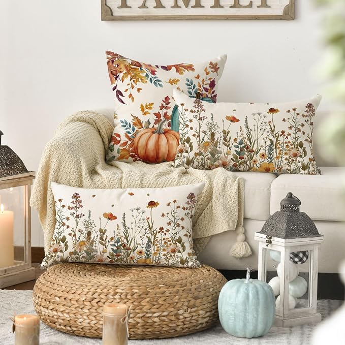 AVOIN colorlife Fall Flowers Throw Pillow Covers 12x20 Inch Set of 2 | Seasonal Autumn Thanksgiving Harvest Decoration for Sofa Couch Farmhouse Living Room Decor