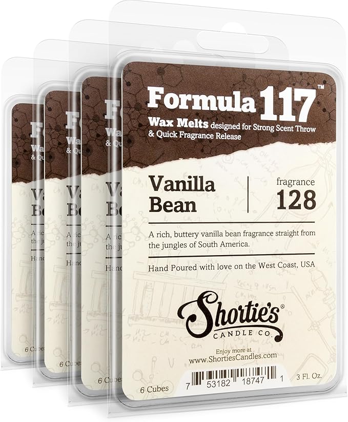 Shortie's Candle Company Vanilla Bean Premium Wax Melts 4 Pack - 12 Oz., Strong & Long Lasting, Non-Toxic - Made with Essential & Natural Oils - Formula 117