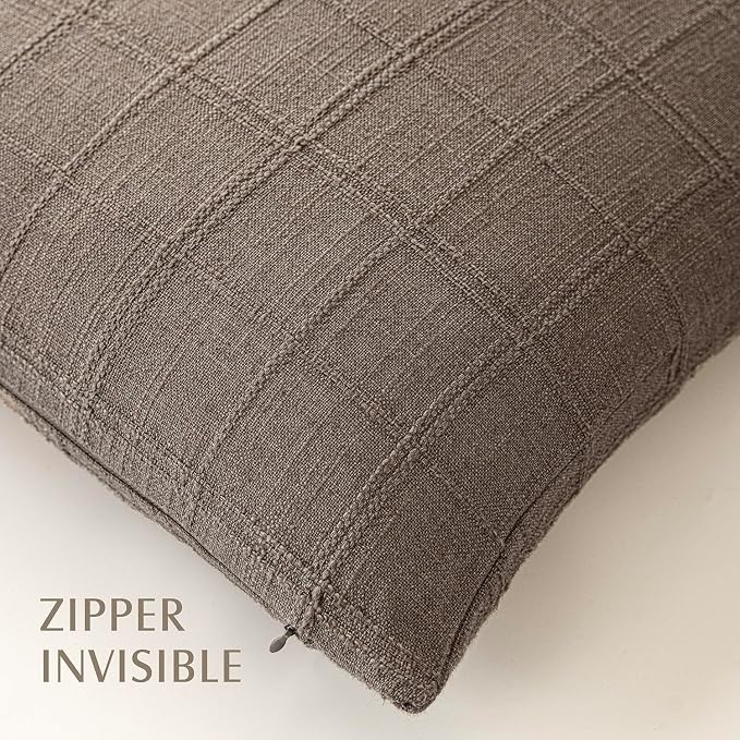 Foindtower Set of 2 Decorative Linen Check Throw Pillow Covers Neutral Farmhouse Lumbar Cushion Covers Modern Boho Home Decor for Sofa Chair Couch Bedroom Living Room,12×20 Inch,Taupe Grey