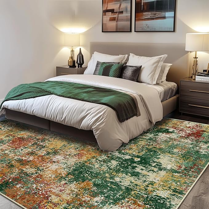 RELEANY Washable 6'x9' Abstract Area Rug for Living Room Green Multi | carpet for bedroom, kitchen, office, hallway and entryway, printed pattern, non-slip, soft, stain-resistant, easy to clean