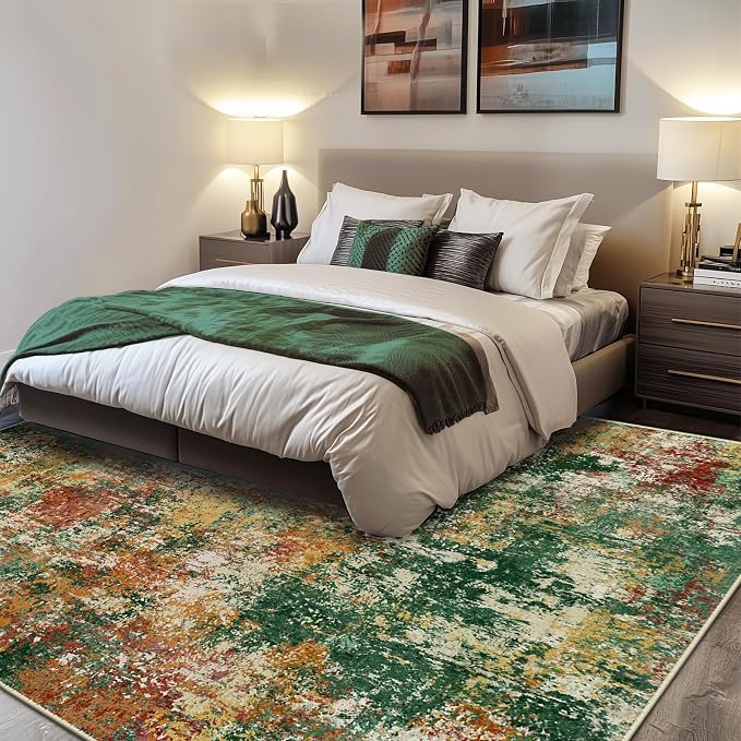 RELEANY Washable 5'x7' Abstract Area Rug for Living Room Green Multi | carpet for bedroom, kitchen, office, hallway and entryway, printed pattern, non-slip, soft, stain-resistant, easy to clean