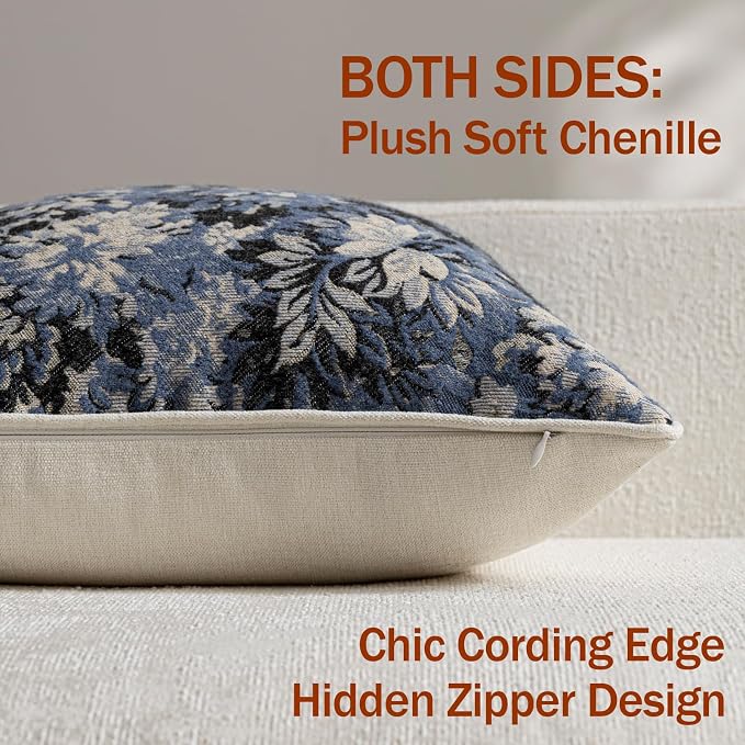 Pack of 2 Vintage Floral Throw Pillow Covers 18x18 Boho Farmhouse Accents Chenille Square Decorative Pillow Cases for Living Room Couch Bed Home Decor, Dusty Blue