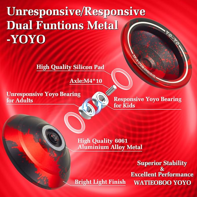 WATIEOBOO yoyo Responsive Yoyos for Kids Adults Beginner, yoyo Professional Unresponsive Metal yo yo Yo-yo for Advanced Players with Bearing Accessories+Removal Tool-Black+ Red
