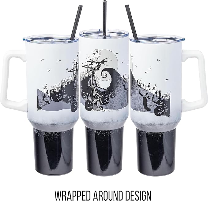 Silver Buffalo Disney Nightmare Before Christmas by Tim Burton Jack Skellington Hill and Moon Stainless Steel Tumbler with Handle and Straw, Fits in Standard Cup Holder, 40 Ounces (Pack of 12)