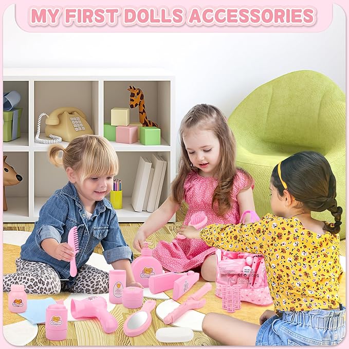 deAO 40 Piece Baby Doll Accessories Bag with Baby Feeding Accessories, Clothes, Doll Bear, Bath Toys, Soother Dummy and Much More - Great Nurturing Pretend Toy for Kids!