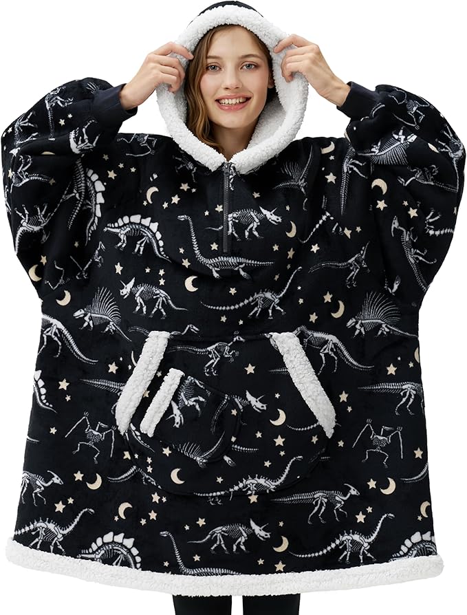 Giggling Getup Wearable Blanket Hoodie for Adults Gifts for Teen Girls Sister Women Sherpa Fleece Printed Hooded Blanket Sweatshirt Warm Cozy with Pocket & Sleeves Black Glowing Dinosaur