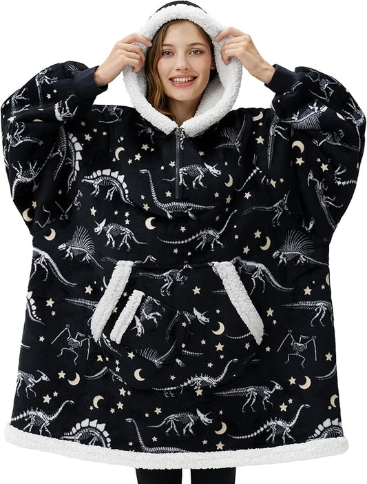 Giggling Getup Wearable Blanket Hoodie for Adults Gifts for Teen Girls Sister Women Sherpa Fleece Printed Hooded Blanket Sweatshirt Warm Cozy with Pocket & Sleeves Black Glowing Dinosaur