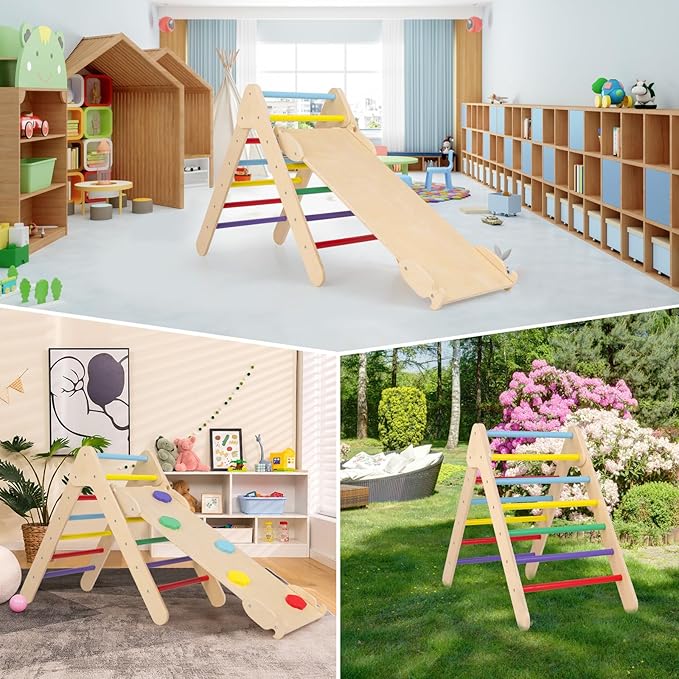 OLAKIDS Pikler Triangle Set 3 in 1 Climbing Toys for Toddlers Wood Montessori Baby Jungle Gym with Ramp Ladder Slide Kids Indoor Playground Activity Play Structure