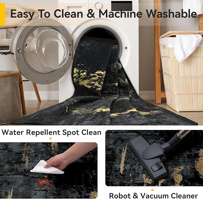 RELEANY Washable Area Rugs 2'6"x10 Non-Slip Modern Abstract Soft for Living Room Entryway Bedroom Kitchen, Print Pattern, Dark Black Gold