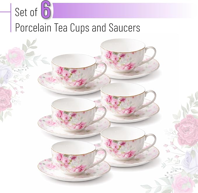 BTaT- Floral Tea Cups and Saucers, Set of 6, 7 oz, Fine Porcelain Teacup Set with Gold Trim for Afternoon Tea, Weddings, Parties & Gifting, Dishwasher Safe and Freezer Safe