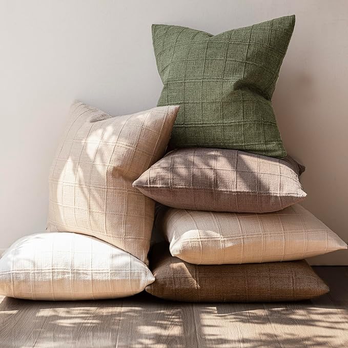 Foindtower Set of 2 Decorative Linen Check Throw Pillow Covers Neutral Farmhouse Vintage Cushion Covers Modern Boho Home Decor for Sofa Chair Couch Bedroom Living Room,16×16 Inch,Sage Green